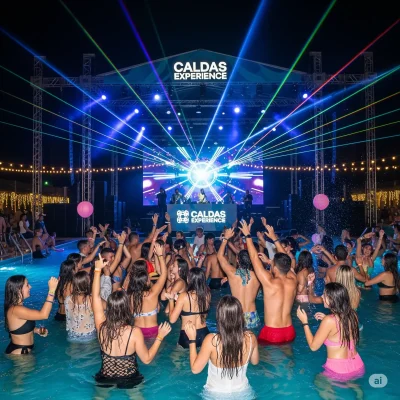 Palco de festival com design futurista e robótico, um DJ se apresentando ao centro, telões de LED exibindo visuais, feixes de luzes coloridas e jatos de fumaça, com a silhueta da multidão em primeiro plano.