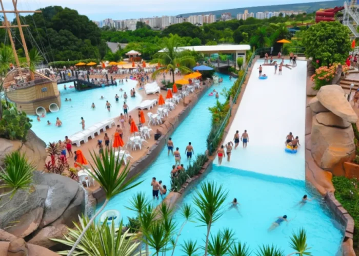 Vista aérea de um parque aquático lotado, o Di Roma Acqua Park. A imagem mostra diversas piscinas, um grande navio pirata cenográfico à esquerda, um toboágua largo e branco à direita, e muitas pessoas se divertindo na água e nas áreas de descanso. O parque é cercado por vegetação e, ao fundo, vê-se a cidade de Caldas Novas.