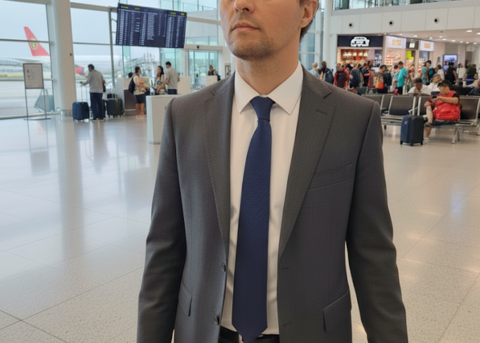 Homem vestido com terno cinza, em pé no saguão de um aeroporto, segurando a alça de uma mala de mão. Ele tem uma expressão séria e preocupada, com o terminal e aviões na pista visíveis ao fundo.