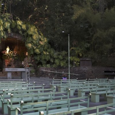 Santuário noturno em gruta natural com estátua religiosa iluminada, arranjos florais brilhantes, altar de pedra e bancos vazios, cercado por vegetação densa sob luzes suaves.